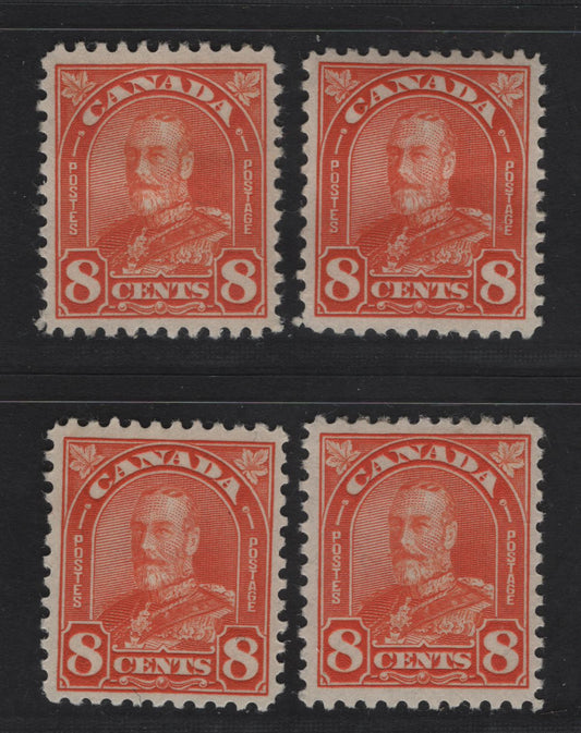 Lot 221 Canada #172 8c Deep Red Orange - Bright Orange King George V, 1930-1931 Arch/Leaf Issue, 4 VFOG Singles, Paper BABN-D, Perfs 10.8 & 10.8x10.9, Design Size 18.25x22mm.
