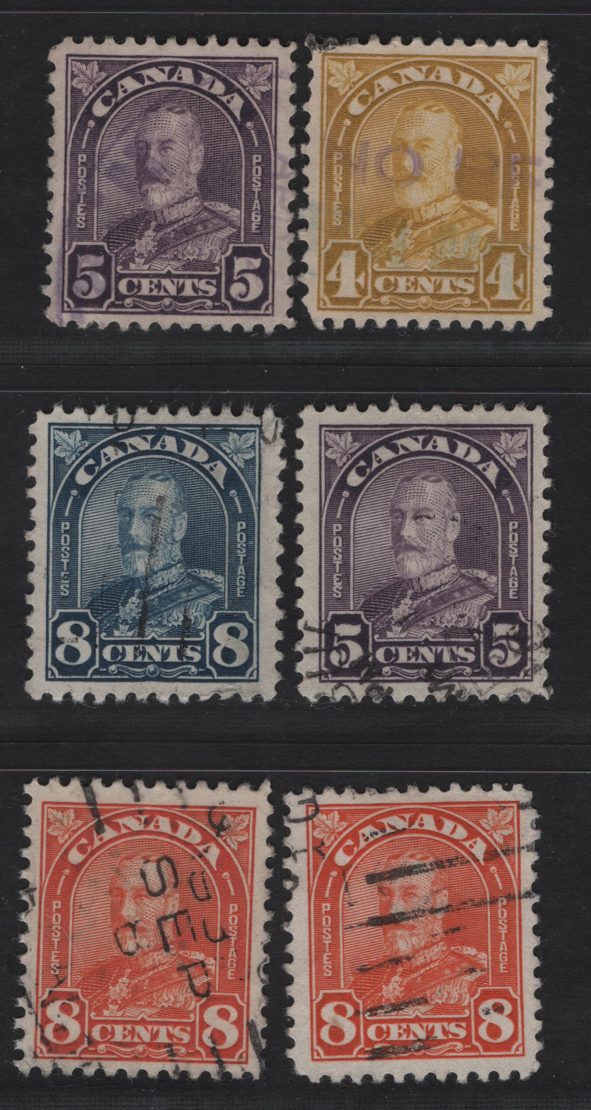 Lot 222 Canada (C) #168-172 4c - 8c Bistre - Red Orange King George V, 1930-1931 Arch/Leaf Issue, 6 Very Fine Used Singles, Papers BABN-B, BABN-D & BABN-S, Perfs 10.75, 11.1x10.9, 10.8, 10.9 & 10.8x10.9, Design Sizes 18.25x21.8mm & 18x22mm.