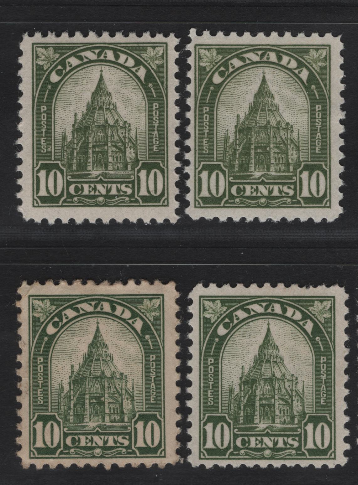 Lot 225 Canada #173 10c Light Olive Green - Bronze Green Library of Parliament, 1930-1931 Arch/Leaf Issue, 4 FOG Singles, Papers BABN-S & BABN-B, Perfs 10.9, 10.9x10.8 & 10.8x10.9, Design Size 18x21.75mm.