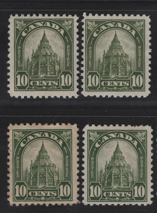 Lot 225 Canada #173 10c Light Olive Green - Bronze Green Library of Parliament, 1930-1931 Arch/Leaf Issue, 4 FOG Singles, Papers BABN-S & BABN-B, Perfs 10.9, 10.9x10.8 & 10.8x10.9, Design Size 18x21.75mm.