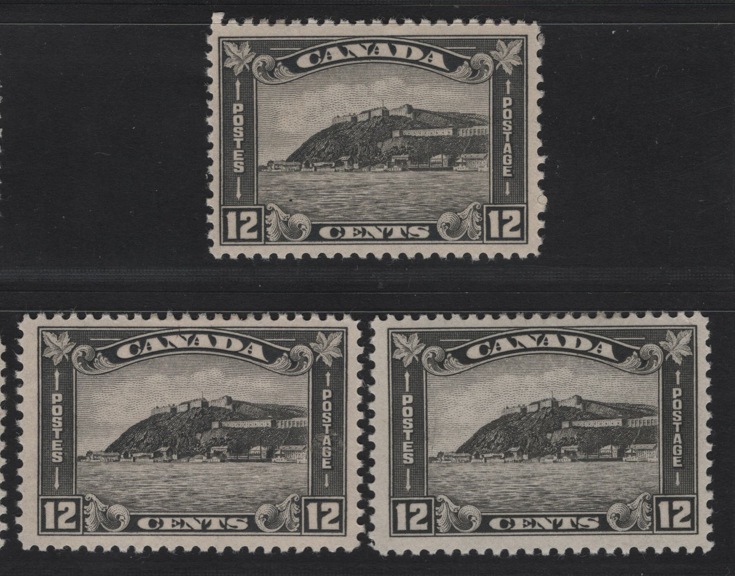 Lot 226 Canada #174 12c Gray Black Quebec Citadel, 1930-1931 Arch/Leaf Issue, 3 FOG Singles, Papers BABN-D, BABN-S & BABN-B, Perf 10.8x10.75, 10.9 & 10.9x10.8