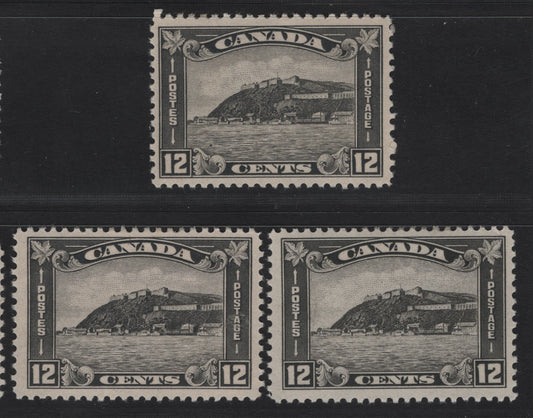 Lot 226 Canada #174 12c Gray Black Quebec Citadel, 1930-1931 Arch/Leaf Issue, 3 FOG Singles, Papers BABN-D, BABN-S & BABN-B, Perf 10.8x10.75, 10.9 & 10.9x10.8