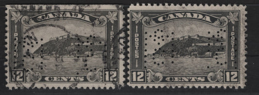 Lot 227 Canada #174 12c Gray Black - Deep Gray Quebec Citadel, 1930-1931 Arch/Leaf Issue, 2 Fine Used Singles, Papers BABN-S & BABN-B, Perf 10.9, McClary Manufacturing Perfins, Damaged Die That Shows Missing Holes In The M.