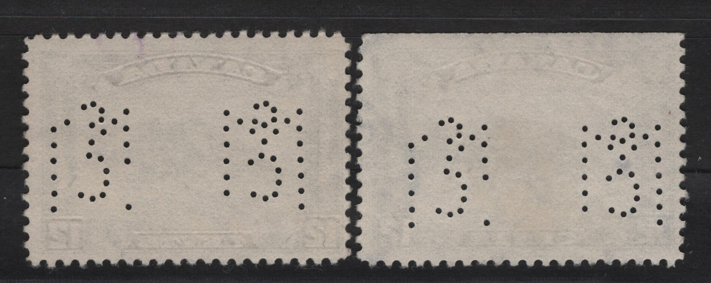 Lot 227 Canada #174 12c Gray Black - Deep Gray Quebec Citadel, 1930-1931 Arch/Leaf Issue, 2 Fine Used Singles, Papers BABN-S & BABN-B, Perf 10.9, McClary Manufacturing Perfins, Damaged Die That Shows Missing Holes In The M.