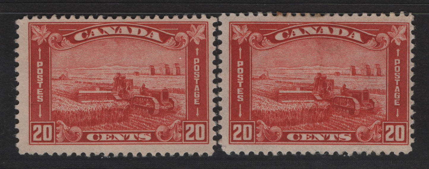 Lot 230 Canada (C) #175 20c Deep Dull Vermillion Harvesting Wheat, 1930-1931 Arch/Leaf Issue, 2 FOG Singles, Papers BABN-D & BABN-J, Perfs 11x10.8 & 10.8x10.9