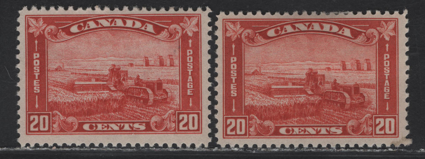 Lot 235 Canada (C) #175 20c Deep Vermillion Harvesting Wheat, 1930-1931 Arch/Leaf Issue, 2 FOG Singles, Papers BABN-D & BABN-B, Perfs 10.9x10.75 & 10.9x10.8