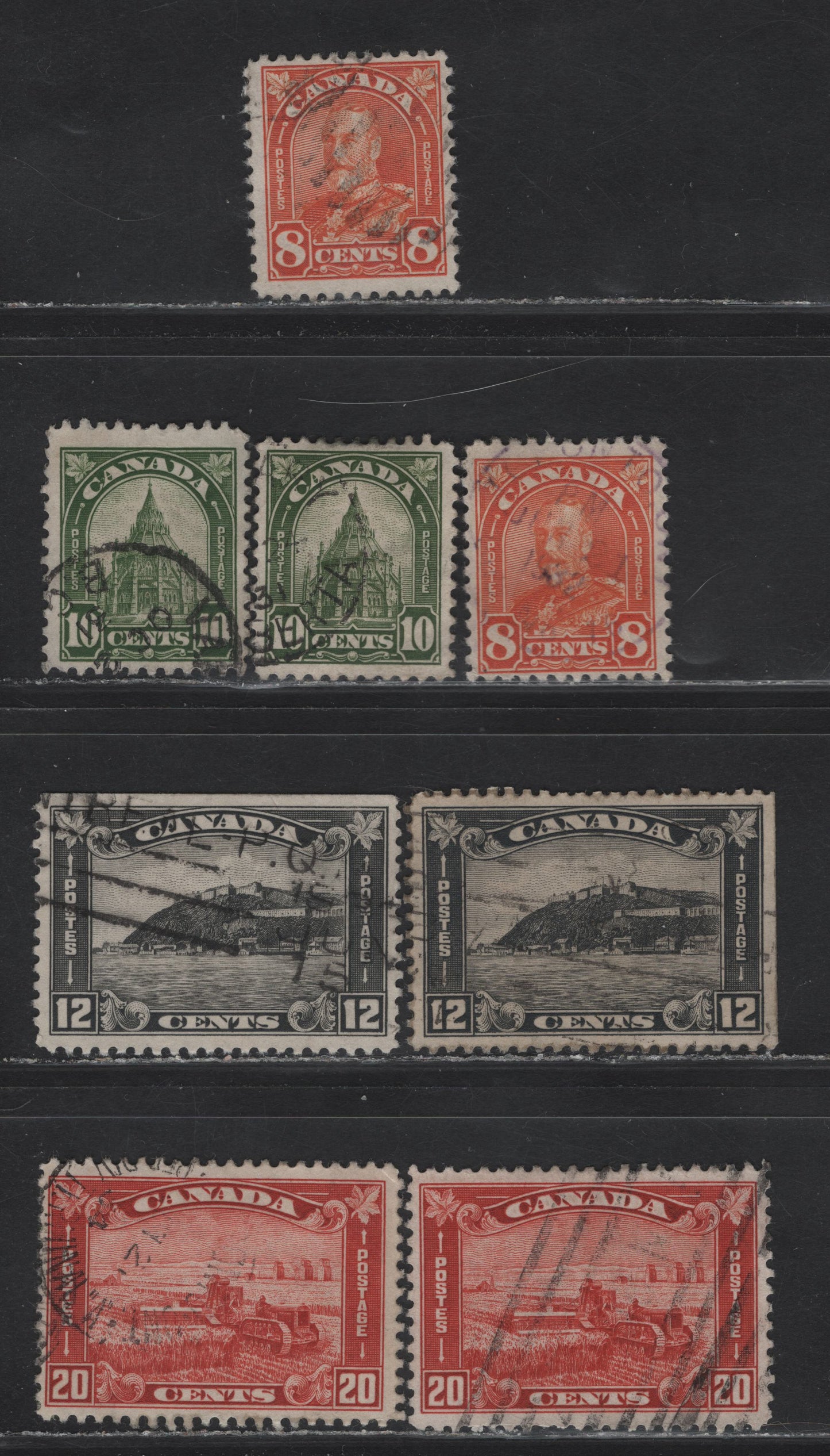 Lot 237 Canada #172-175 8c - 20c Orange - Brownish Vermillion King George V - Harvesting Wheat, 1930-1931 Arch/Leaf Issue, 8 Fine Used Singles, Papers BABN-B, BABN-D & BABN-F, Perfs 10.9x10.9, 10.8, 10.9x11, 11x10.9, 11x10.8 & 10.9x10.8