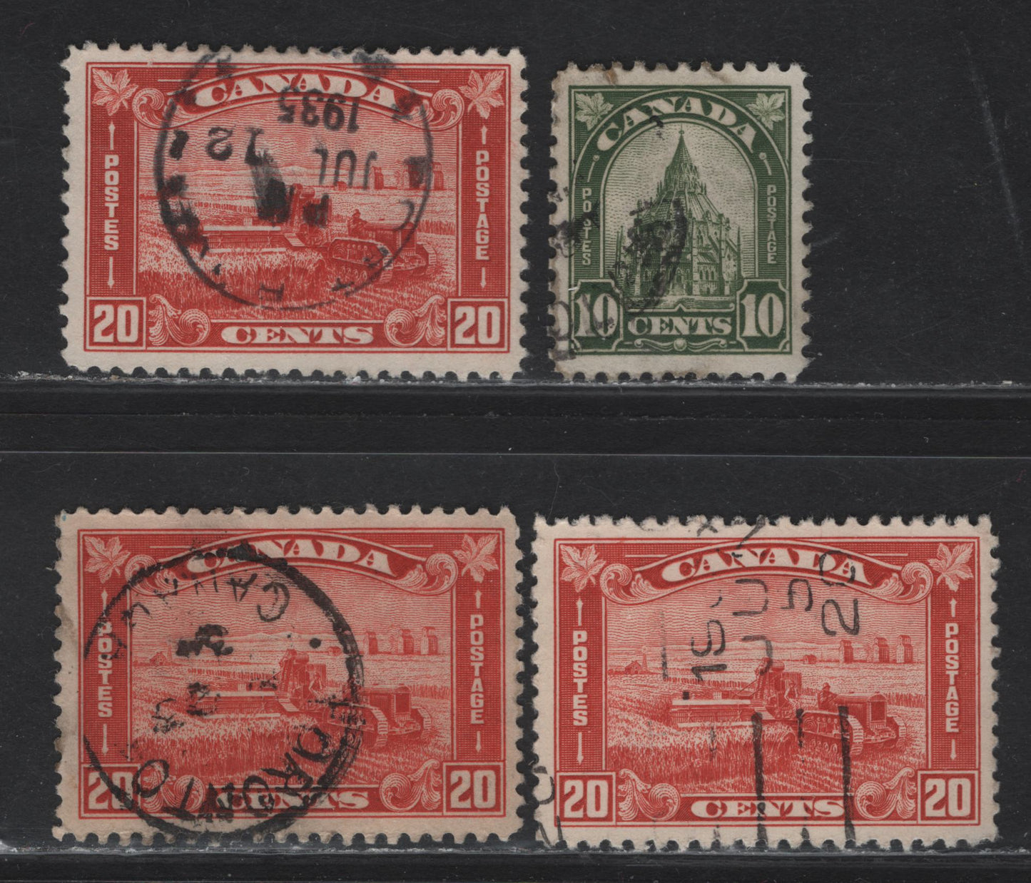 Canada #173, 175 10c - 20c Olive Green - Pale Vermillion Library of Parliament - Harvesting Wheat, 1930-1931 Arch/Leaf Issue, 4 Very Fine Used Singles, Papers BABN-D, BABN-T, Perfs 10.8, 10.9x10.8 & 10.9
