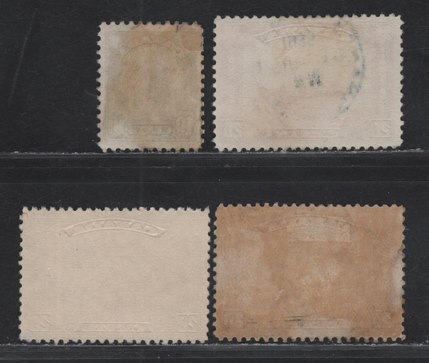 Lot 238 Canada #173, 175 10c - 20c Olive Green - Pale Vermillion Library of Parliament - Harvesting Wheat, 1930-1931 Arch/Leaf Issue, 4 Very Fine Used Singles, Papers BABN-D, BABN-T, Perfs 10.8, 10.9x10.8 & 10.9