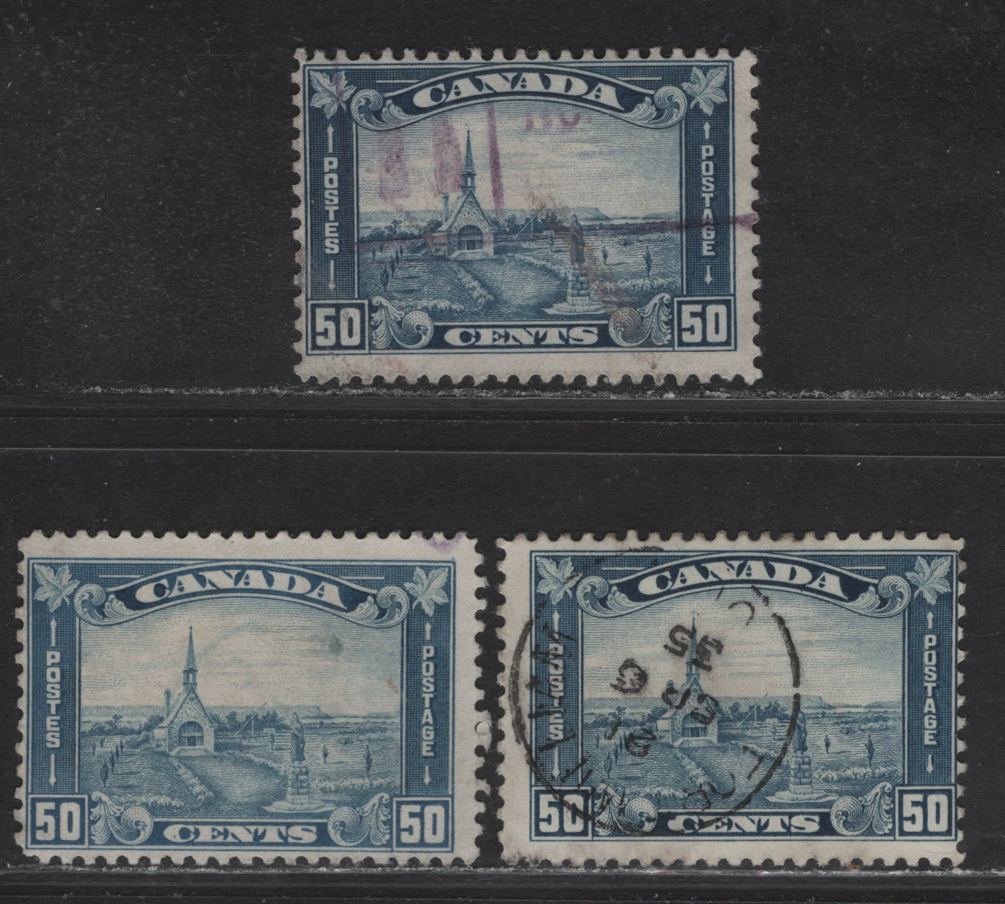 Lot 242 Canada #176 50c Light Dull Blue - Milky Dull Blue Grand Pre, 1930-1931 Arch/Leaf Issue, 3 Very Good/Fine Used Singles, Papers BABN-S & BABN-F, Perfs 10.9 & 10.8x10.9