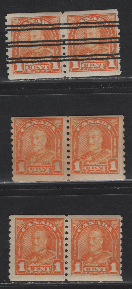 Lot 250 Canada #178-178xx 1c Yellow Orange - Orange King George V, 1930-1931 Arch/Leaf Coil Issue, 3 F/VFOG Pairs, Papers BABN-Y, BABN-Z & BABN-AA, 2.75mm & 3mm Spacing
