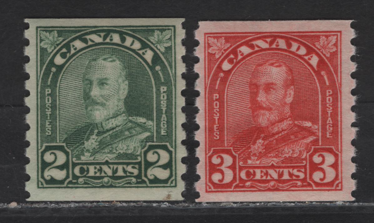 Lot 253 Canada (C) #180, 183 2c - 3c Dull Yellowish Green - Scarlet Red King George V, 1930-1931 Arch/Leaf Coil Issue, 2 VFNH Singles, Papers BABN-Y & BABN-BB