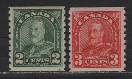 Lot 253 Canada (C) #180, 183 2c - 3c Dull Yellowish Green - Scarlet Red King George V, 1930-1931 Arch/Leaf Coil Issue, 2 VFNH Singles, Papers BABN-Y & BABN-BB