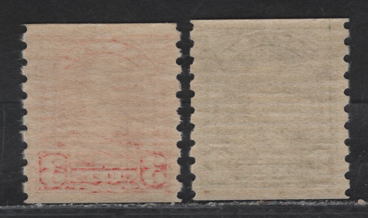 Lot 253 Canada (C) #180, 183 2c - 3c Dull Yellowish Green - Scarlet Red King George V, 1930-1931 Arch/Leaf Coil Issue, 2 VFNH Singles, Papers BABN-Y & BABN-BB
