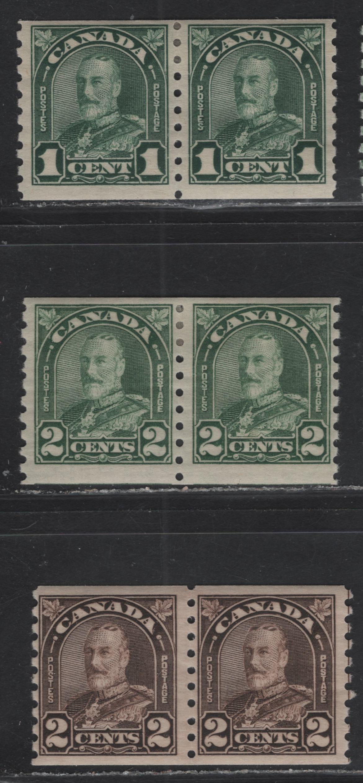 Lot 256 Canada #179-180, 182 1c - 2c Deep Green - Deep Yellowish Brown King George V, 1930-1931 Arch/Leaf Coil Issue, 3 FOG Pairs, Papers BABN-BB & BABN-AA, All Rotary Bar Perforated
