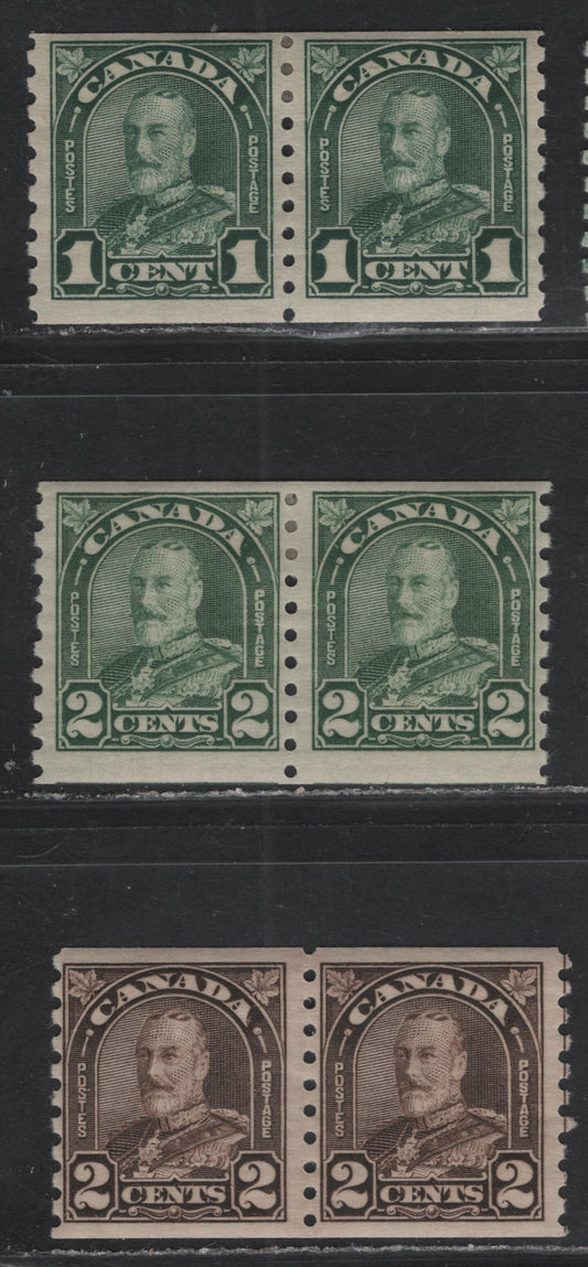 Lot 256 Canada #179-180, 182 1c - 2c Deep Green - Deep Yellowish Brown King George V, 1930-1931 Arch/Leaf Coil Issue, 3 FOG Pairs, Papers BABN-BB & BABN-AA, All Rotary Bar Perforated