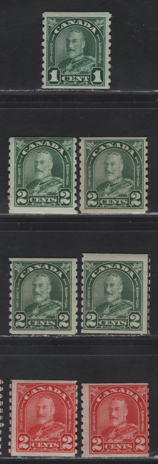 Lot 257 Canada (C) #179-181 1c - 2c Deep Bluish Green - Bright Red King George V, 1930-1931 Arch/Leaf Coil Issue, 7 FOG Singles, Papers BABN-Y & BABN-BB, All Rotary Bar Perforated