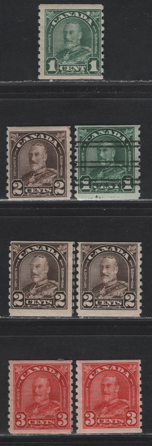 Lot 258 Canada (C) #179, 179xx, 182-183 1c - 3c Pale Dull Blue Green - Deep Scarlet Red King George V, 1930-1931 Arch/Leaf Coil Issue, 7 FOG Singles, Papers BABN-Y, BABN-AA & BABN-BB, All Rotary Bar Perforated, One Precancel.