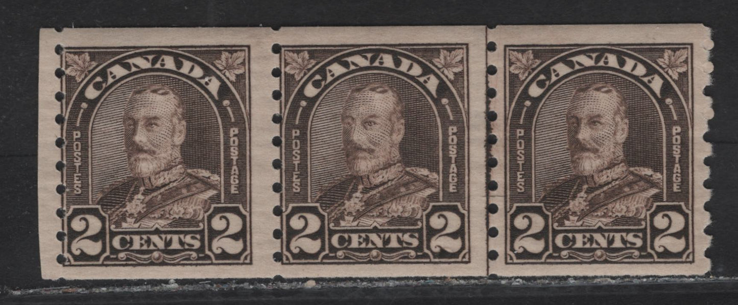 Lot 259 Canada (C) #182 2c Dark Yellowish Brown King George V, 1930-1931 Arch/Leaf Coil Issue, A FOG Line Jump Strip Of 3, Paper BABN-BB