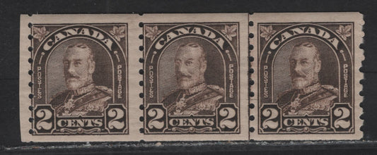 Lot 259 Canada (C) #182 2c Dark Yellowish Brown King George V, 1930-1931 Arch/Leaf Coil Issue, A FOG Line Jump Strip Of 3, Paper BABN-BB