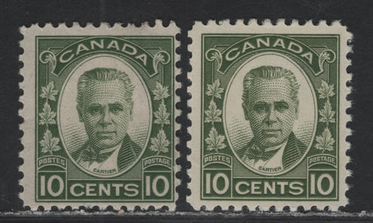 Lot 266 Canada #190 10c Dull Bronze Green - Light Olive Green George-Etienne Cartier, 1931 George-Etienne Cartier Issue, 2 FOG Singles, Papers BABN-B & BABN-CC, Perfs 10.95x10.9 & 11.75x10.9