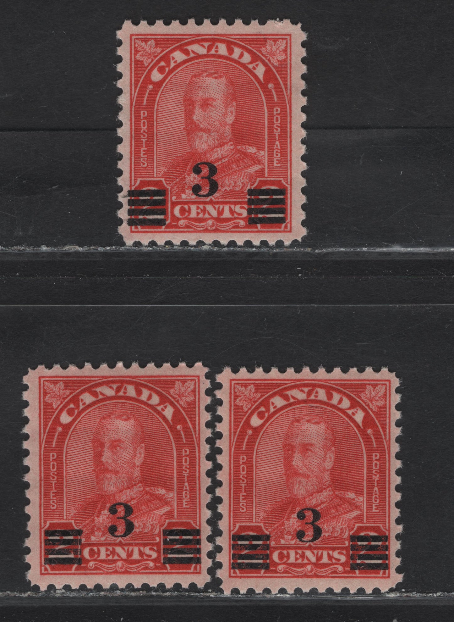 Canada (C) #192 3c on 2c Light Red - Scarlet King George V, 1932 Imperial Economic Conference Issue, 3 VFNH Singles, Papers BABN-M, BABN-B & BABN-O, Die 2
