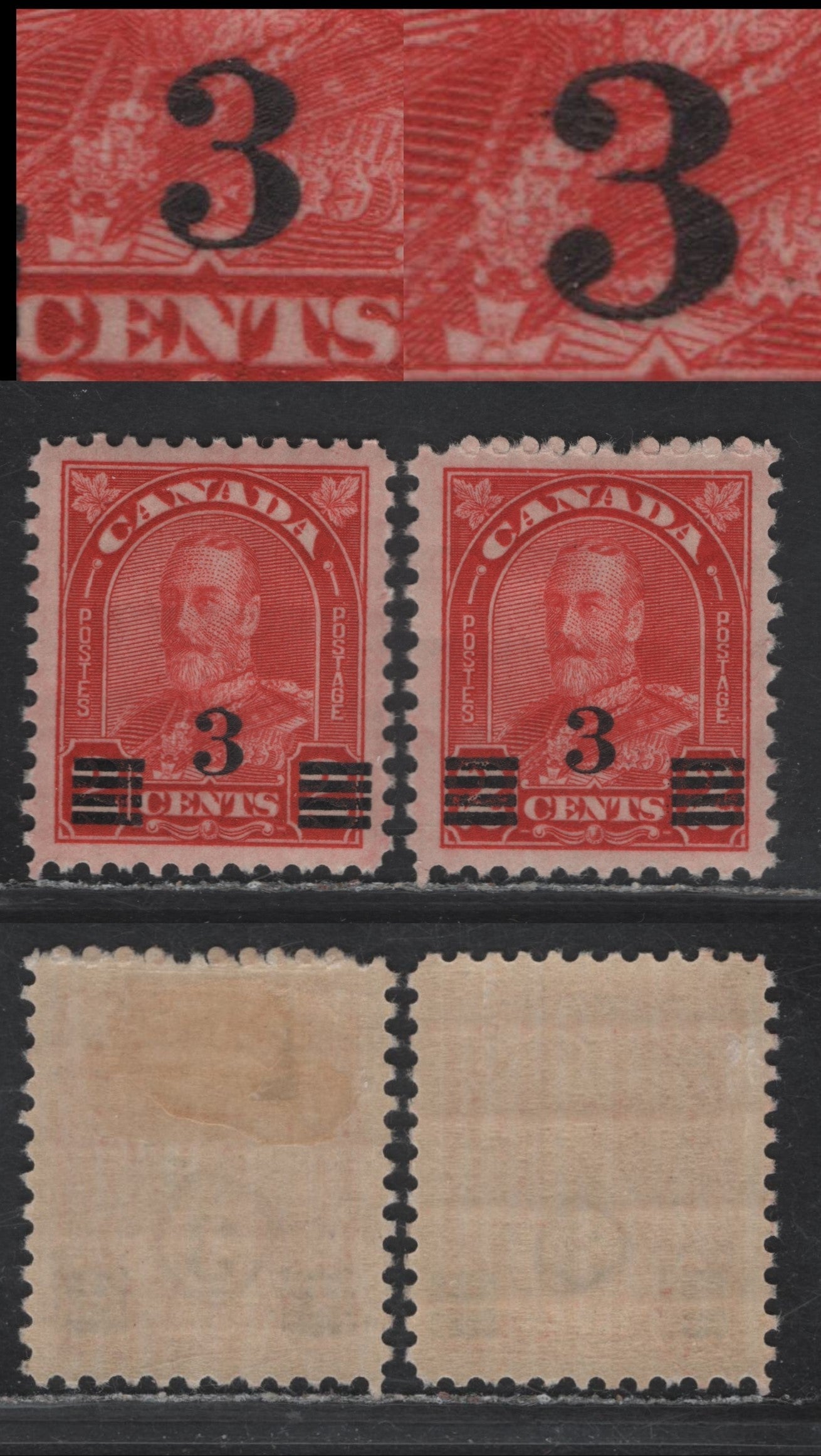 Lot 271 Canada #191var 3c on 2c Scarlet King George V, 1932 Arch/Leaf Provisional Issue, 2 VFOG Singles, Die 2, Paper BABN-M, Perf 11.1x10.9, Showing Deformed '3' With Normal For Comparison.