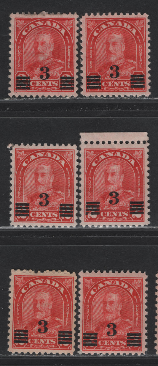 Lot 272 Canada #191-191a 3c on 2c Deep Red - Scarlet King George V, 1932 Arch/Leaf Provisional Issue, 6 VFOG Singles, Die 1, Papers BABN-M & BABN-O