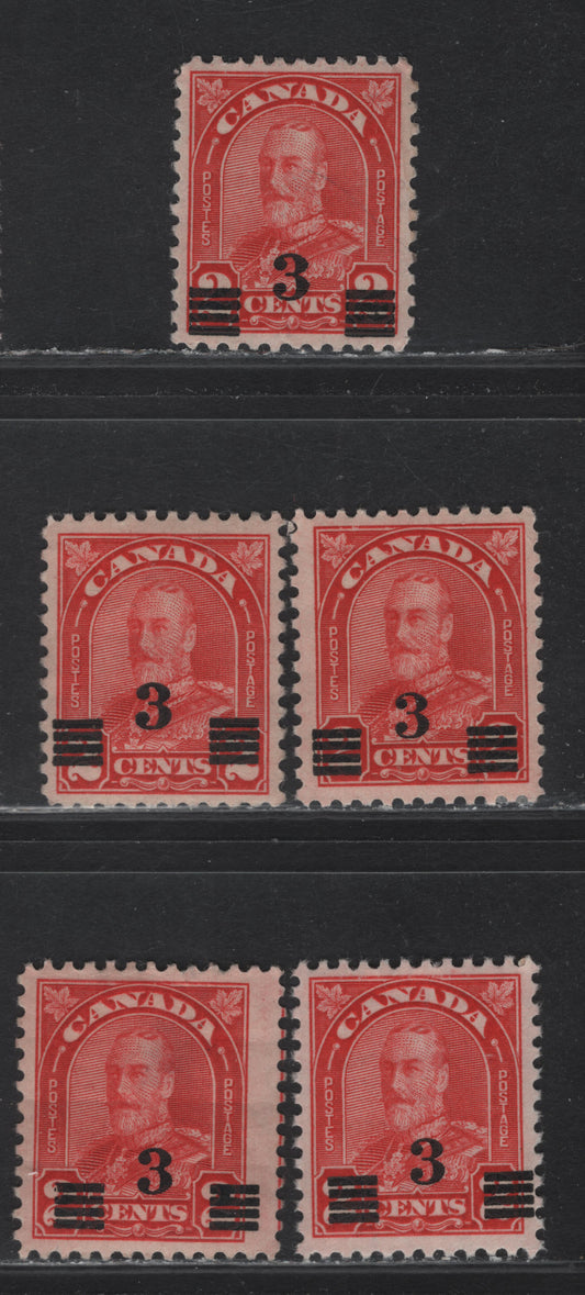 Lot 273 Canada #191 3c on 2c Scarlet Red King George V, 1932 Arch/Leaf Provisional Issue, 2 VFOG Singles, Papers BABN-B & BABN-M, All Showing Minor Shifts Of The Surcharge
