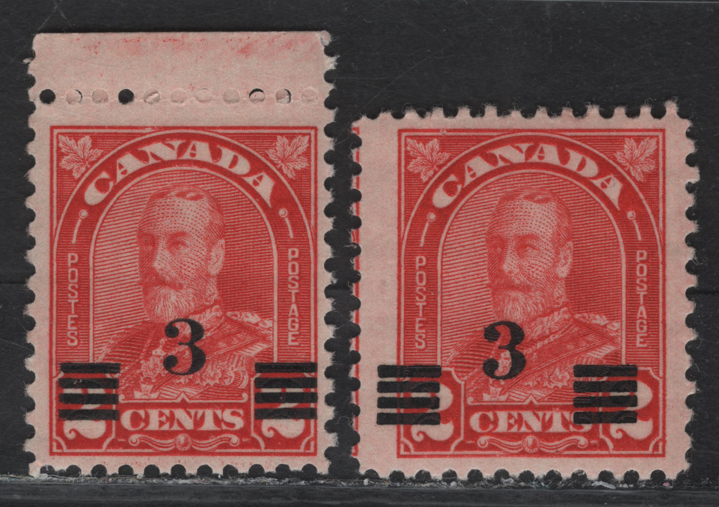 Lot 276 Canada #191 3c on 2c Scarlet Red King George V, 1932 Arch/Leaf Provisional Issue, 2 VFOG/NH Singles, Paper BABN-M, Showing Two Prominent Shifts Of The Surcharge