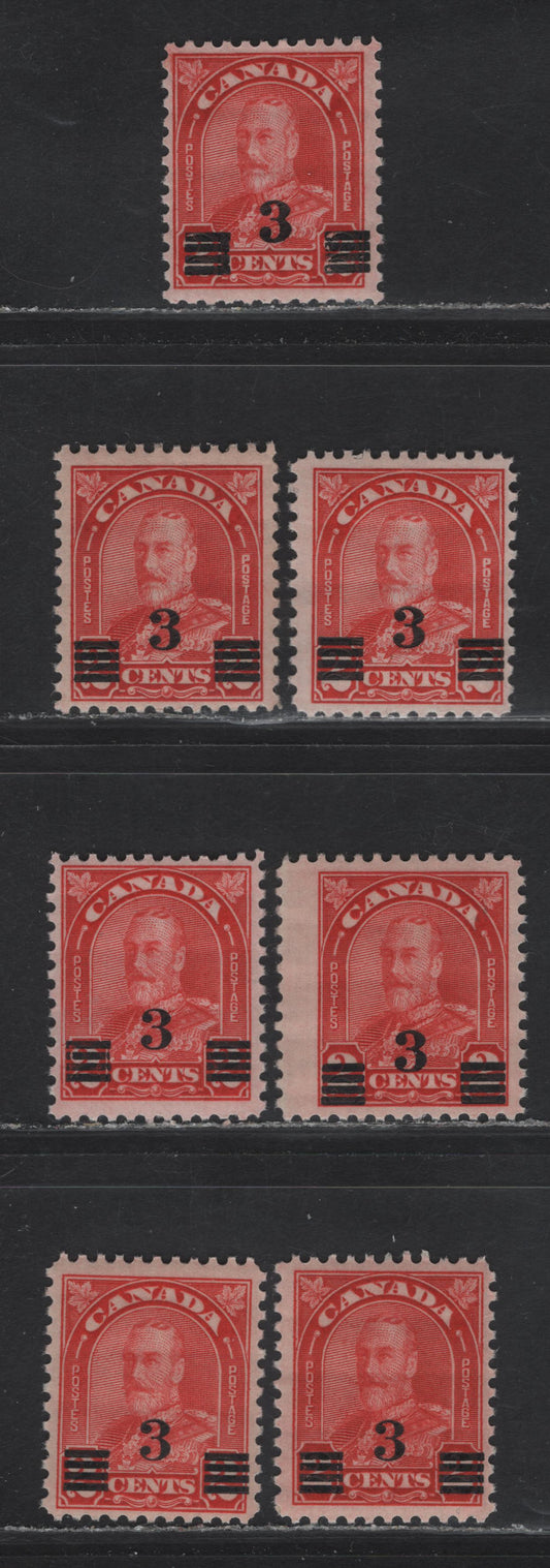 Lot 277 Canada #191-191a 3c on 2c Bright Scarlet - Light Scarlet King George V, 1932 Arch/Leaf Provisional Issue, 7 FNH Singles, Paper BABN-M, Die 1