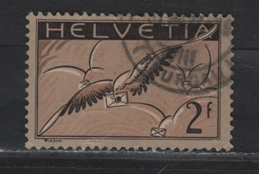Lot 27A Switzerland SC#C15a 2fr Black Brown & Red Brown Bird Carrying Letter, 1933-1935 Airmail Issue, A Fine Used Single, Grilled Gum, Some Minor Internal Wrinkle
