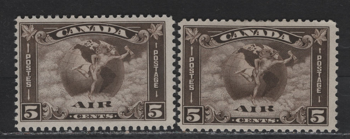 Lot 280 Canada (C) #C2 5c Olive Brown Mercury With Scroll, 1930 Airmail Issue, 2 FOG Singles, Paper BABN-V, Perfs 10.9 & 10.8