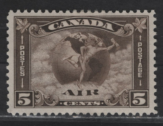 Lot 281 Canada #C2 5c Olive Brown Mercury With Scroll, 1930 Airmail Issue, A VFOG Single, Paper BABN-V, Perf 11x10.8