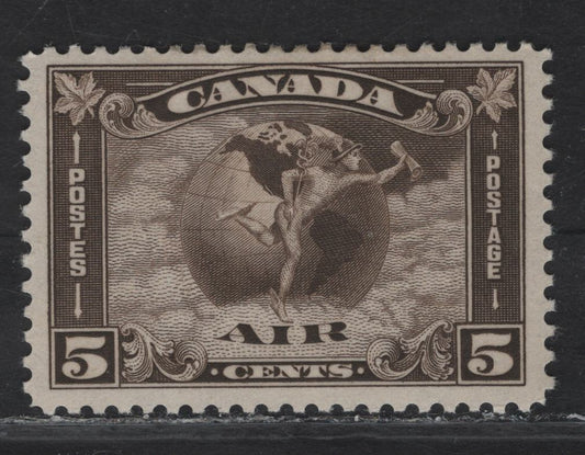 Lot 282 Canada #C2 5c Olive Brown Mercury With Scroll, 1930 Airmail Issue, A VFOG Single, Paper BABN-V, Perf 10.9x10.8
