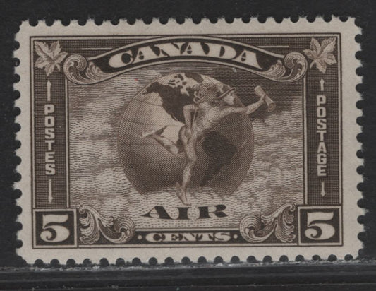 Lot 283 Canada #C2 5c Olive Brown Mercury With Scroll, 1930 Airmail Issue, A VFOG Single, Paper BABN-V, Perf 10.8x10.9