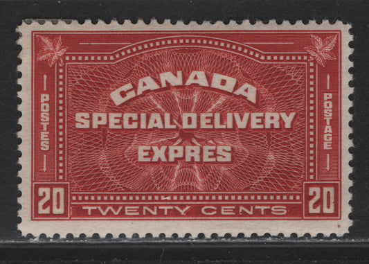 Lot 290 Canada #E4 20c Bright Brownish Vermillion Special Delivery, 1930 Special Delivery Issue, A FOG Single, Paper BABN-DD, Perf 10.8
