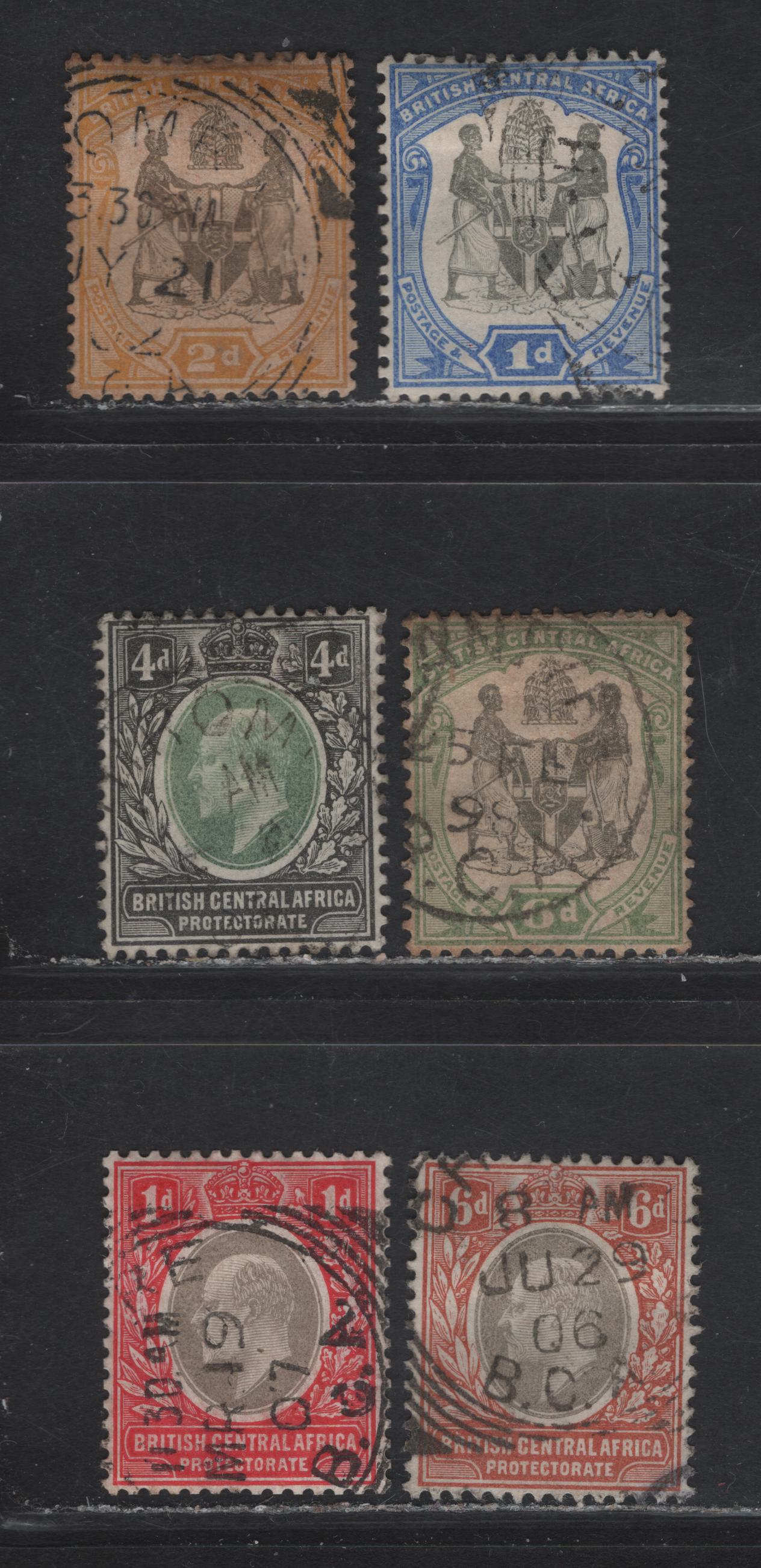 Lot 32 British Central Africa (C) SG#43-44, 46, 61-62, 68 1d - 1d Black & Ultramarine -Gray & Carmine Arms - King Edward VII, 1897-1907 Arms - Edward VII Issues, 5 Very Fine Used Singles, Multiple Crown CA Wmk