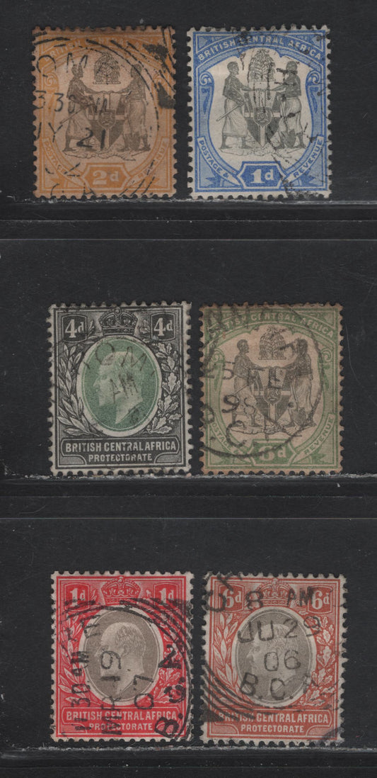 Lot 32 British Central Africa (C) SG#43-44, 46, 61-62, 68 1d - 1d Black & Ultramarine -Gray & Carmine Arms - King Edward VII, 1897-1907 Arms - Edward VII Issues, 5 Very Fine Used Singles, Multiple Crown CA Wmk