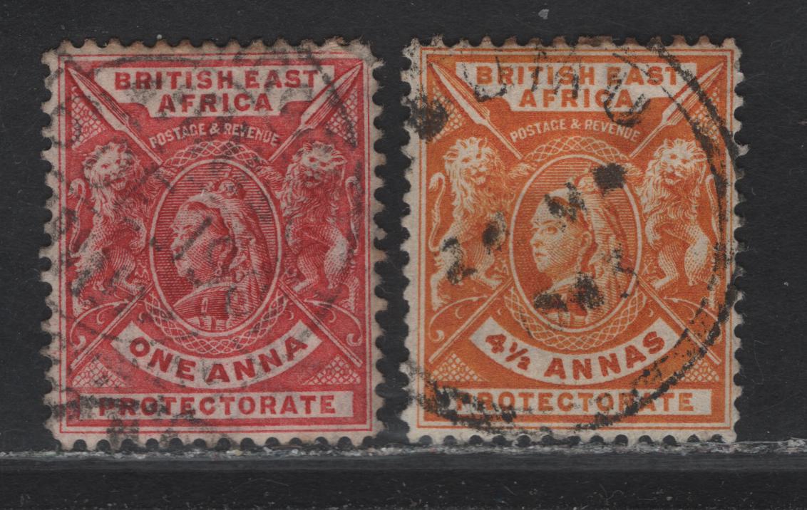 Lot 33A British East Africa (C) SG#66, 71 1d - 4.5a Carmine Rose - Orange Yellow Queen Victoria - Arms, 1869-1901 Queen Victoria - Arms Issue, 2 Very Fine Used Singles
