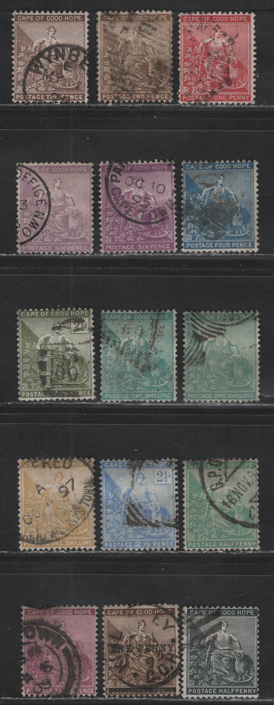 Lot 36 Cape of Good Hope (C) SG#48-50, 50a, 51, 52a-b, 53-a, 56a, 61a, 63-64, 67 1/2d -1/- Black - Yellow Ochre Seated Hope, 1884-1898 Seated Hope Keyplate Issue, 15 Fine/Very Fine Used Singles, Cabled Anchor Wmk
