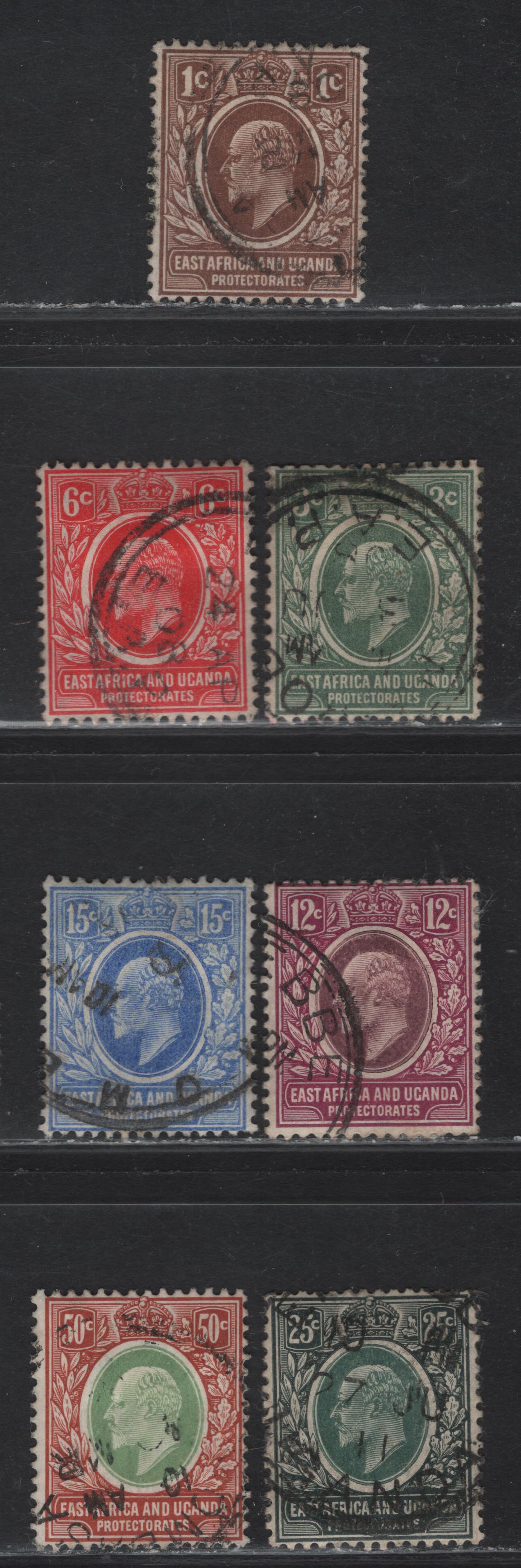 Lot 45 East Africa & Uganda Protectorates (C) SG#34-36, 38-41 1c - 50c Brown - Gray Green & Orange Brown King Edward VII, 1907-1908 King Edward VII Keyplates Issue, 7 Fine/Very Fine Used Singles, New Currency
