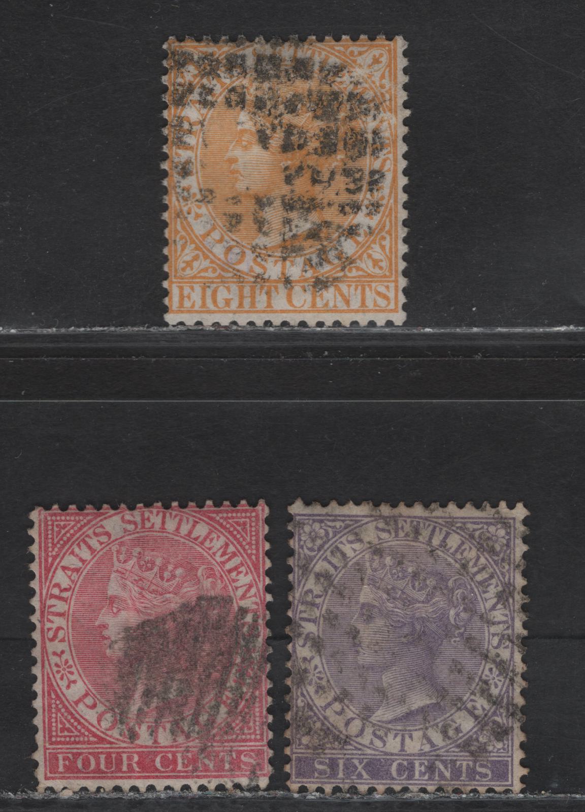 Lot 46 Malaya - Straits Settlements (C) SG#13, 14, 12a 4c - 8c Deep Rose - Orange Yellow Queen Victoria, 1867-1872 Queen Victoria Keyplate Issue, 3 Very Good Used Single, Crown CC Wmk