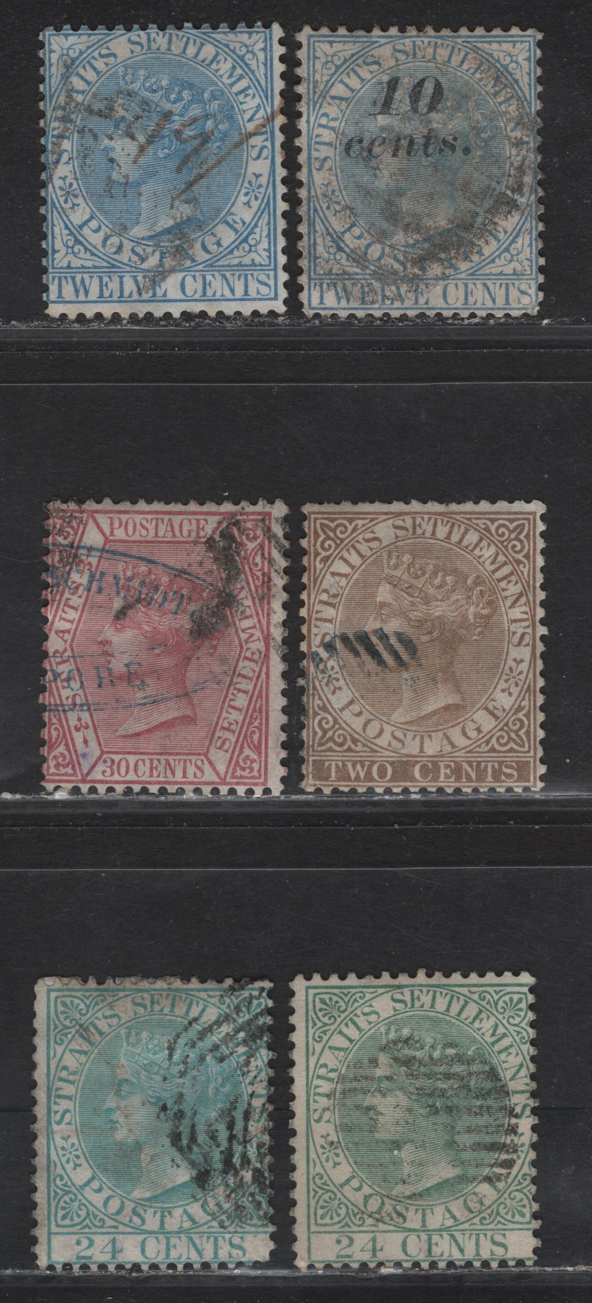 Lot 47 Malaya - Straits Settlements (C) SG#11, 15-17, 16a, 45a 2c - 24c Brown - Yellow Green Queen Victoria, 1867-1881 Queen Victoria Keyplate Issue, 6 Very Good/Fine Used Singles, Crown CC Wmk