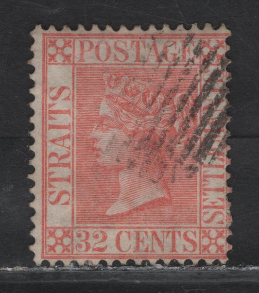 Lot 48 Malaya - Straits Settlements (C) SG#18 32c Pale Red Queen Victoria, 1867-1881 Queen Victoria Keyplate Issue, A Fine Used Single, Better Than Average Centering & A Far Lighter Cancel Than Usually Seen On This Crown CC Issue
