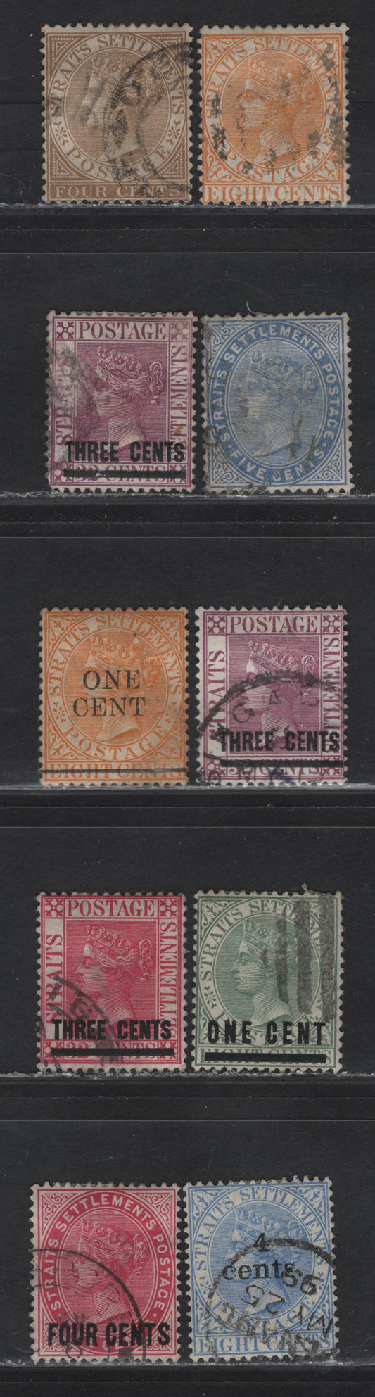 Lot 49A Malaya - Straits Settlements (C) SG#52, 64-65, 83, 91, 93-94, 108-109 8c - 4c on 5c Orange - Carmine Queen Victoria, 1882-1899 Queen Victoria Keyplates & Surcharge Issues, 9 Fine/Very Fine Used Singles, Crown CA Wmk