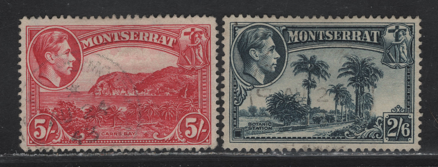 Lot 58 Montserrat (C) SG#109, 110a 2/6 - 5/- Slate Blue - Rose Carmine King George VI, 1938-1948 KGVI Pictorial Issue, 2 Very Fine Used Singles, Perfs 13 & 14