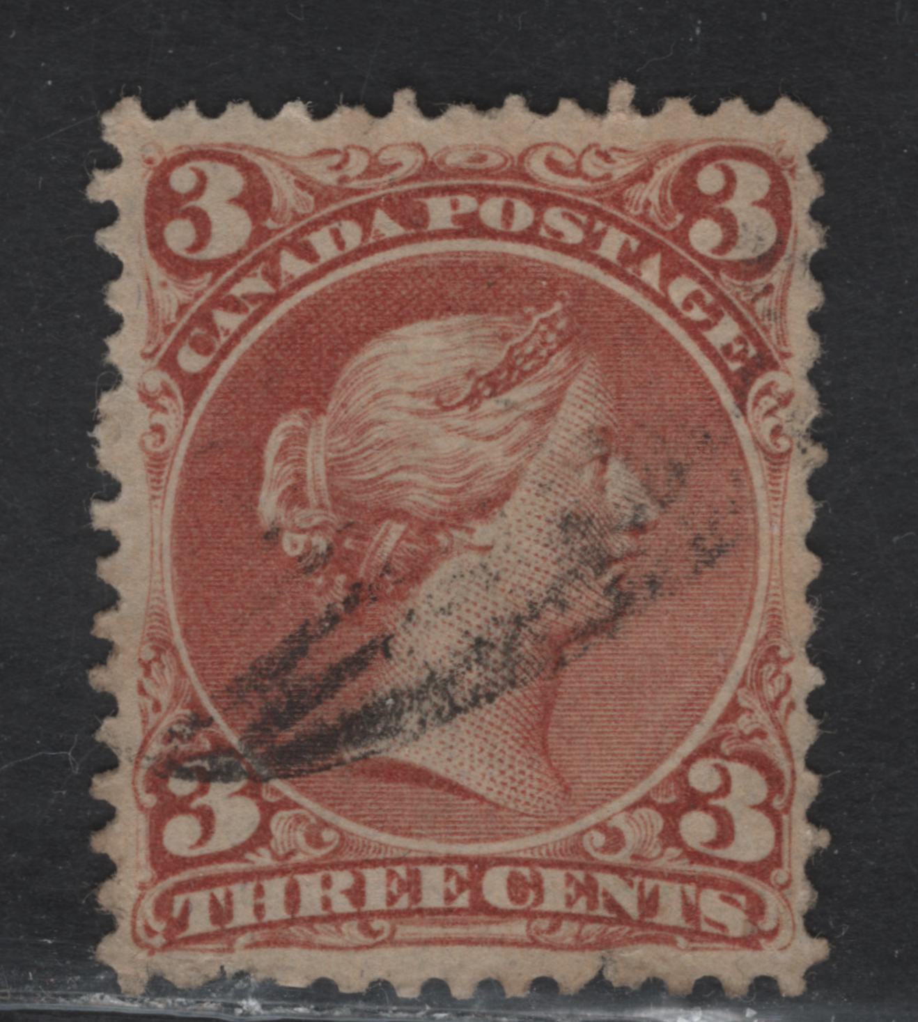 Lot 59 Canada #25viii 3c on 5c - 3c Brownish Rose Red Queen Victoria, 1868-1876 Large Queen Issue, A Very Good Used Single, Duckworth Paper 6 9Bothwell Paper FO-Y), Perf 12, Pulled Perf & Tiny Tear In Bottom Margin.