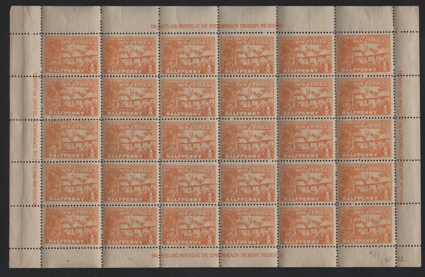 Lot 61A New Guinea (C) SG#125 1/2d Orange Native Village, 1925 Native Village Issue, Very Well Centered For This issue, Never Seen As An Intact Sheet before
