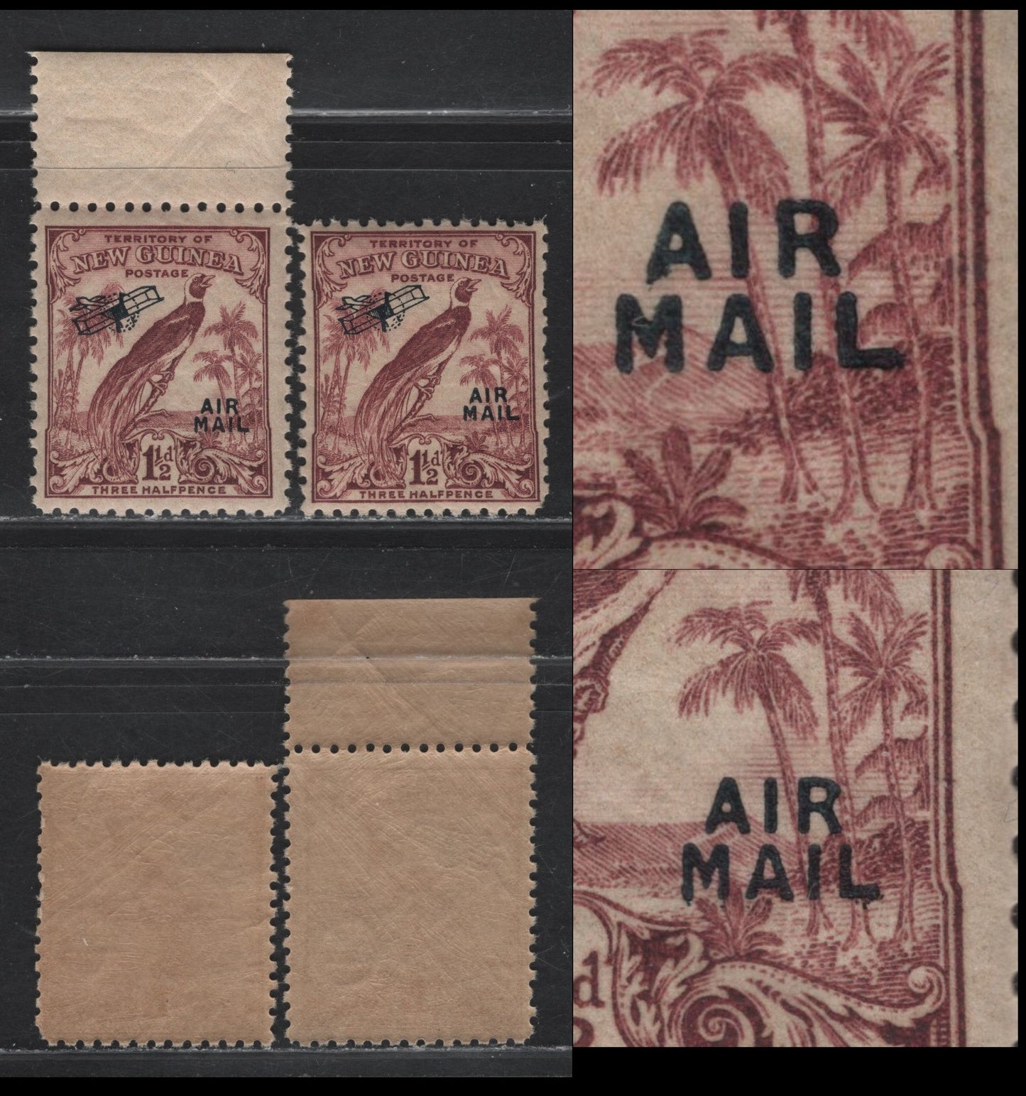Lot 61B New Guinea (C) SG#192-192var 1.5d Claret Airplane, 1932 Airmail Issue, 2 VFNH Singles, Normal L And Elongated L In Overprint